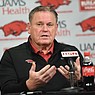 Arkansas coach Sam Pittman speaks Wednesday, Feb. 1, 2023, during a press conference at the Frank Broyles Athletic Center on the University of Arkansas campus in Fayetteville.