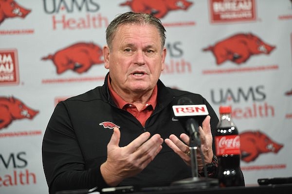Arkansas coach Sam Pittman speaks Wednesday, Feb. 1, 2023, during a press conference at the Frank Broyles Athletic Center on the University of Arkansas campus in Fayetteville.