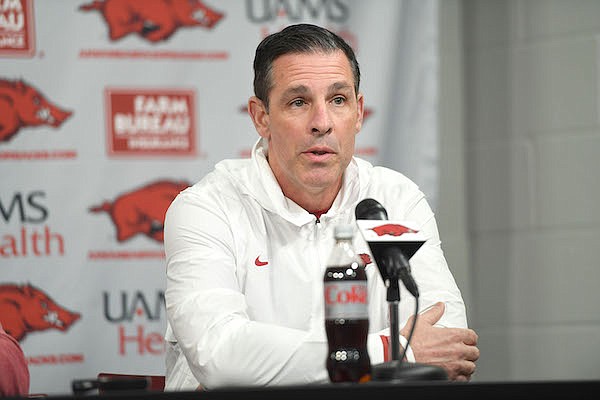 Arkansas assistant coach Dan Enos speaks Wednesday, Feb. 1, 2023, during a press conference at the Frank Broyles Athletic Center on the University of Arkansas campus in Fayetteville.