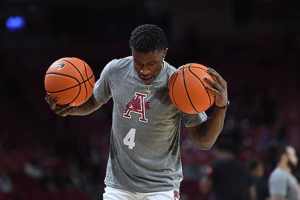 Arkansas guard Davonte Davis is shown prior to a game against Texas A&M on Tuesday, Jan. 31, 2023, in Fayetteville.