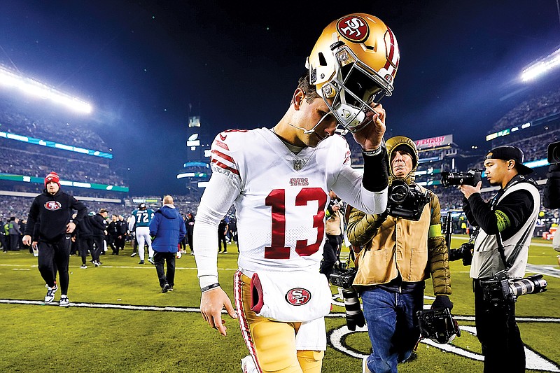 49ers quarterback Brock Purdy leaves the field Sunday after the NFC Championship Game against the Eagles in Philadelphia. (Associated Press)