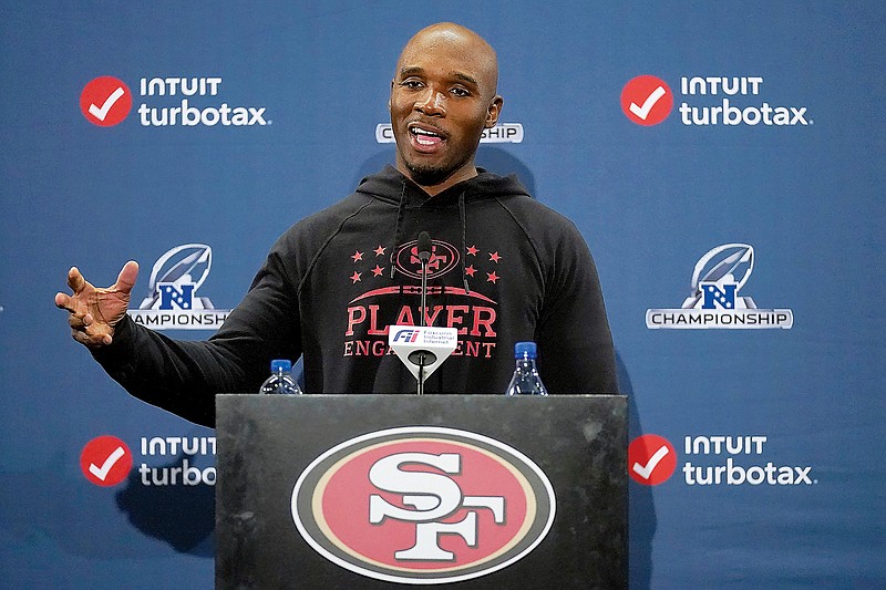 DeMeco Ryans, then the defensive coordinator for the 49ers, speaks during a news conference last Thursday in Santa Clara, Calif. (Associated Press)