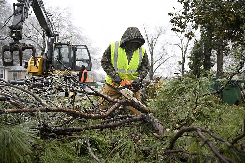 Aaron Cloird uses a chainsaw to cut a fallen tree into manageable pieces as he and his crew work to clear the tree off of 28th Street in Pine Bluff on Thursday.
(Arkansas Democrat-Gazette/Stephen Swofford)