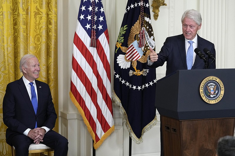 Former President Bill Clinton speaks as President Joe Biden listens during an event in the East Room of the White House on Thursday in Washington to mark the 30th Anniversary of the Family and Medical Leave Act. Clinton signed the FMLA into law 30 years ago.
(AP/Susan Walsh)