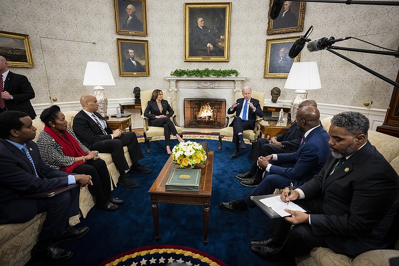 President Joe Biden, Vice President Kamala Harris and members of the Congressional Black Caucus meet Thursday in the White House Oval Office to discuss police reforms.
(The New York Times/Doug Mills)