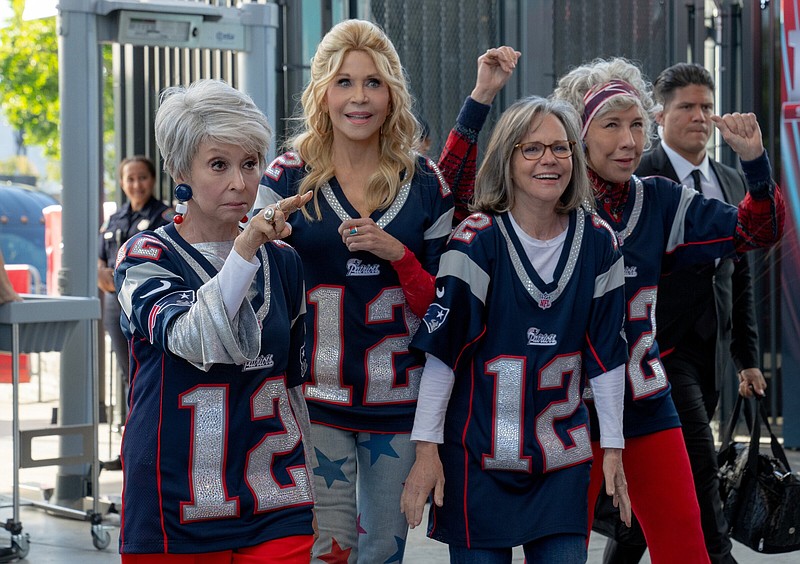 Huddle up: Four longtime friends who found a late-in-life love for the dynastic New England Patriots’ quarterback Tom Brady — (from left) Rita Moreno, Jane Fonda, Sally Field and Lily Tomlin — journey from Massachusetts to Texas to see their team in the 2017 Super Bowl in the based-on-a-true story comedy “80 for Brady.”