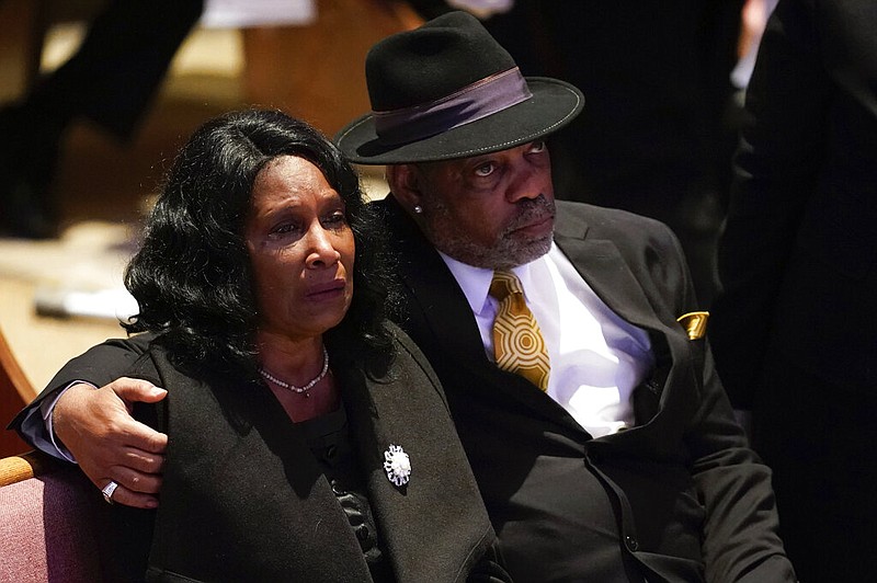 RowVaughn Wells cries as she and her husband Rodney Wells attend the funeral service for her son Tyre Nichols at Mississippi Boulevard Christian Church in Memphis, Tenn., on Wednesday, Feb. 1, 2023. Nichols died following a brutal beating by Memphis police after a traffic stop.  (Andrew Nelles/The Tennessean via AP, Pool)