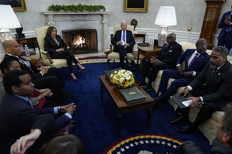 President Joe Biden and Vice President Kamala Harris meet with members of the Congressional Black Caucus in the Oval Office of the White House in Washington, Thursday, Feb. 2, 2023. From left are Rep. Joe Neguse, D-Colo., Rep. Sheila Jackson Lee, D-Texas, Sen. Cory Booker, D-N.J.,, Rep. James Clyburn, D-S.C.,Sen. Raphael Warnock, D-Ga., and caucus chair Rep. Steven Horsford, D-Nev. (AP Photo/Susan Walsh)