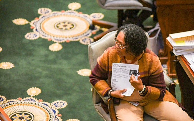 Missouri State Sen. Barbara Washington points to a letter written by the Rev. Dr. Martin Luther King Jr. she printed out as Sen. Andrew Koenig quotes a speech by Dr. King on the Senate floor Wednesday, Feb. 1, 2023. (Annelise Hanshaw/Missouri Independent photo)