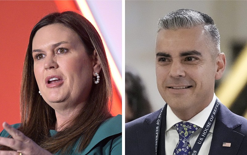 Arkansas Gov. Sarah Huckabee Sanders (left) and U.S. Rep. Juan Ciscomani, R-Ariz., are shown in these undated file photos. Sanders will give the Republican response to President Joe Biden’s 2023 State of the Union address, congressional GOP leaders announced Thursday, Feb. 2, 2023. Ciscomani will give the Republican address in Spanish. (Left, AP/Phelan M. Ebenhack; right, AP/J. Scott Applewhite)