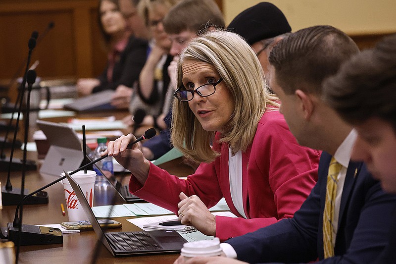 Rep. Hope Duke, R-Gravette, asks a question during the House Education Committee meeting on Thursday at the state Capitol in Little Rock.
(Arkansas Democrat-Gazette/Thomas Metthe)