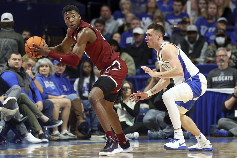 GG Jackson (left) and the South Carolina Gamecocks are seeking to break a winless streak in SEC home games this season as it hosts an Arkansas team trying to win on the road for the first time in six tries. The teams square off today at 2:30 p.m. Central in Columbia, S.C.
(AP/James Crisp)