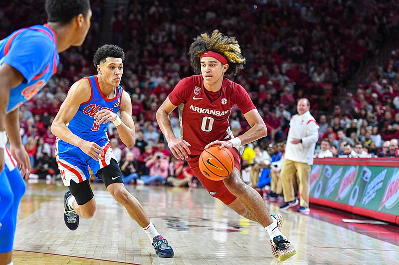 Arkansas guard Anthony Black and South Carolina forward GG Jackson were teammates when Team USA won the gold medal at the FIBA U18 Americas Championship in June. Black said he was impressed by Jackson as a whole. “He’s pretty young. So he’s just a special talent, and he’s a good kid, too. He was cool to be around,” Black said.
(NWA Democrat-Gazette/Hank Layton)