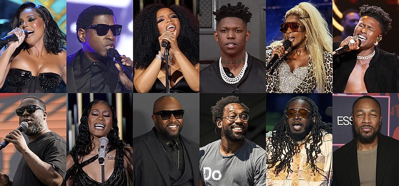 This combination of photos show music artists, top row from left, Ashanti, Babyface, Chloe Bailey, Yung Bleu, Mary J. Blige, and Lucky Daye, bottom row from left, Robert Glasper, Muni Long, Rico Love, PJ Morton, T-Pain and Tank. (AP Photo)