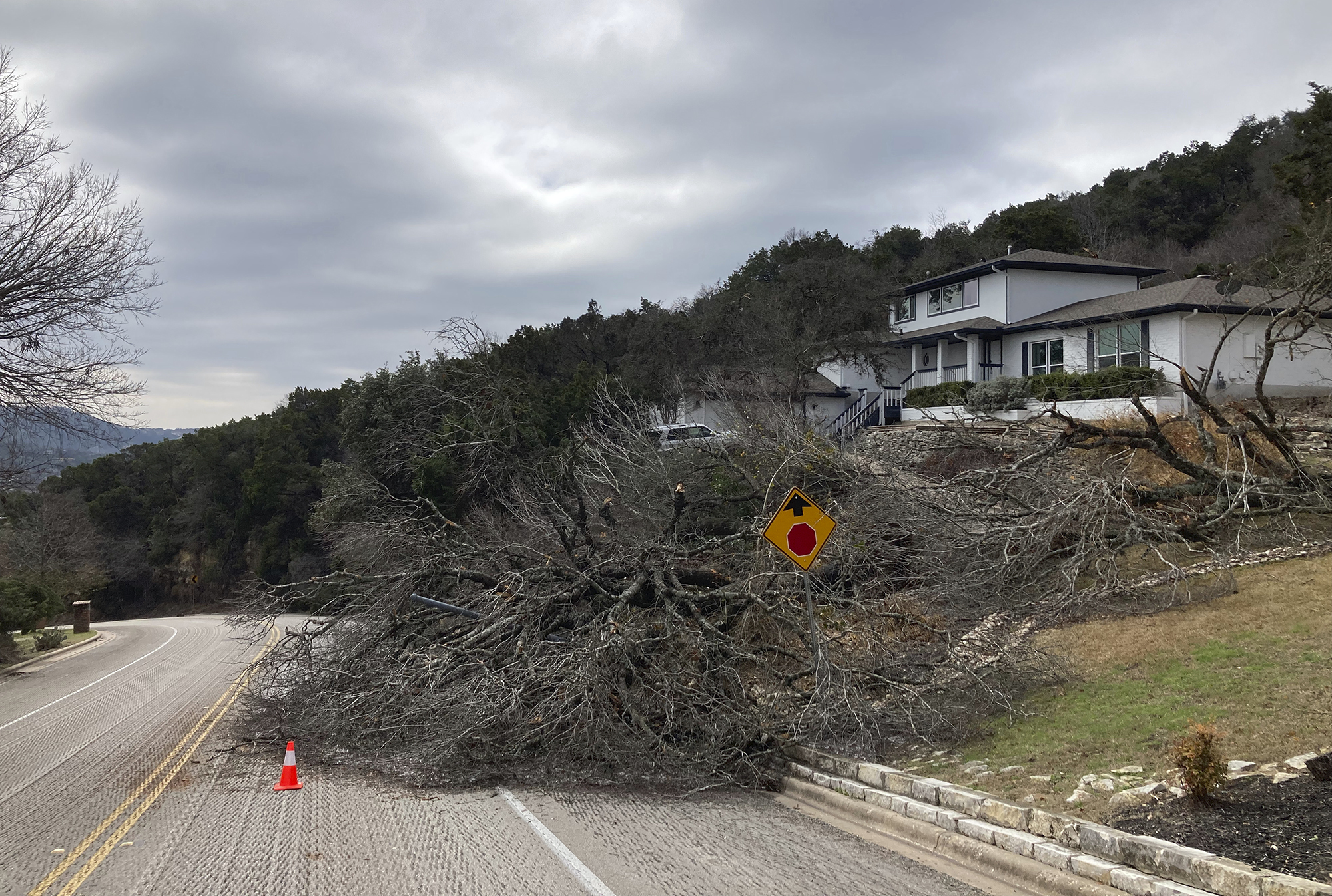 A tree blocks a neighborhood road in northwest Austin, Texas, on Friday, Feb. 3, 2023. Ice from a recent winter storm in the Austin Area topple many trees and left thousands without power. Nell Carroll for The Associated Press (AP Photo/Nell Carroll)