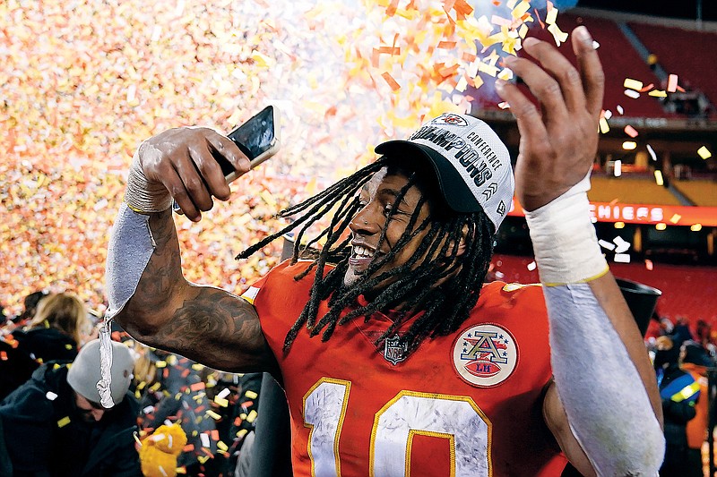 Chiefs rookie running back Isiah Pacheco celebrates after Sunday night’s 23-20 win against the Bengals in the AFC Championship Game at Arrowhead Stadium in Kansas City. (Associated Press)