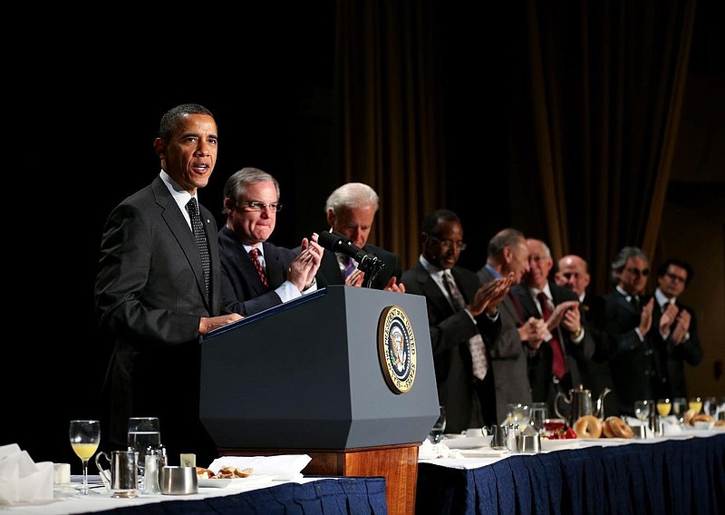 Then-U.S. Sen. Mark Pryor, D-Ark., stands beside then-President Barack Obama during the 2013 National Prayer Breakfast in Washington. Eight years after leaving office, Pryor has been tapped to serve as president of the newly formed National Prayer Breakfast Foundation.
(New York Times file photo)