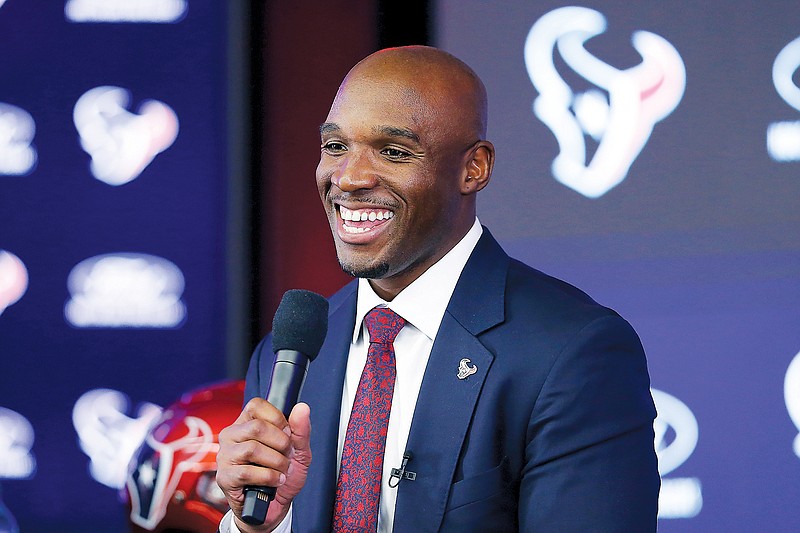 DeMeco Ryans answers questions during Thursday’s press conference in Houston. (Associated Press)