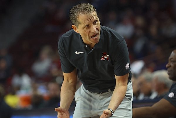 Arkansas coach Eric Musselman is shown during a game against South Carolina on Saturday, Feb. 4, 2023, in Columbia, S.C.