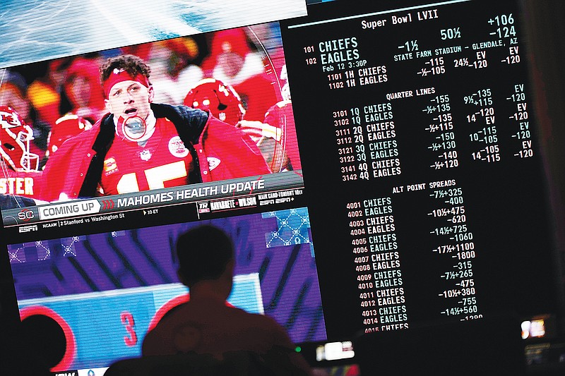 Betting odds for the Super Bowl are displayed on screens at the Circa Resort and Casino sports book Friday, Feb. 3, 2023, in Las Vegas. (Associated Press)