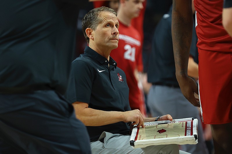 Razorbacks coach Eric Musselman is shown in a timeout during Arkansas' game at South Carolina on Feb. 4, 2023, in Columbia, S.C.