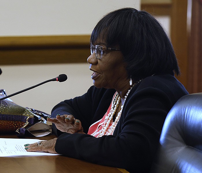 Sen. Linda Chesterfield, D-Little Rock, presents SB-59, a bill to clarify state law allowing school employees to use physical force against students, during the Senate Judiciary Committee, on Monday, Feb. 6, 2023, at the state Capitol in Little Rock. .(Arkansas Democrat-Gazette/Thomas Metthe)