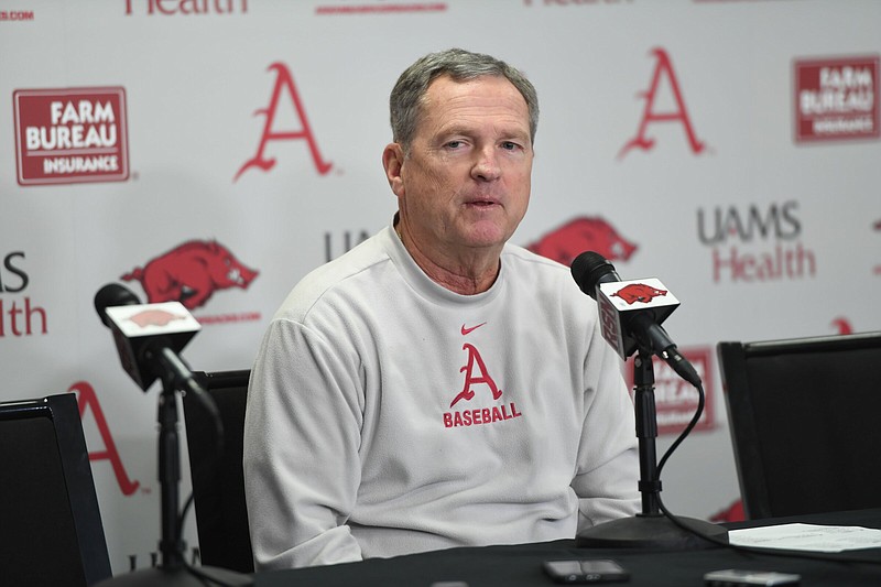 Arkansas coach Dave Van Horn speaks Friday, Jan. 20, 2023, during Media Day at Baum-Walker Stadium in Fayetteville. Visit nwaonline.com/photo for today's photo gallery. .(NWA Democrat-Gazette/Andy Shupe)