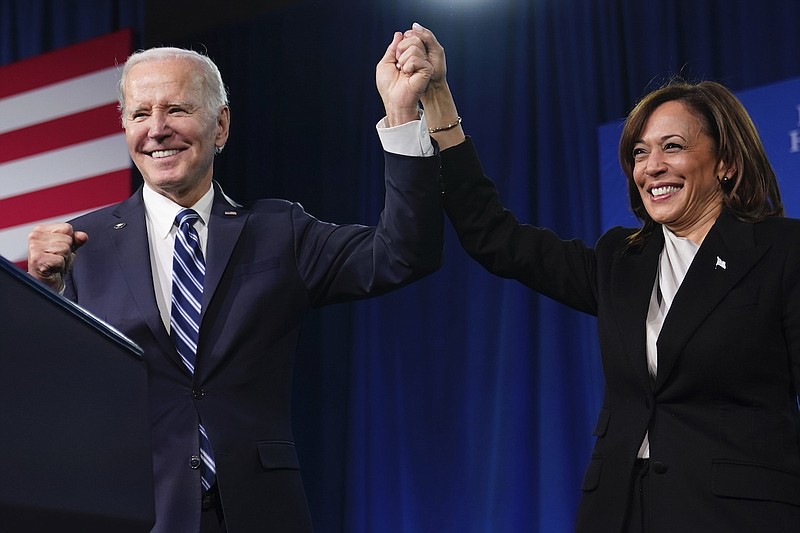 President Joe Biden and Vice President Kamala Harris stand on stage at the Democratic National Committee winter meeting, Feb. 3, 2023, in Philadelphia. A majority of Democrats now think one term is plenty for Biden, despite his insistence that he plans to seek reelection in 2024. That's according to a new poll from The Associated Press-NORC Center for Public Affairs Research.(AP Photo/Patrick Semansky)