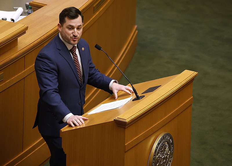 Rep. Kendon Underwood, R-Cave Springs, presents HB1196, which would modify requirements for public housing, during the House session on Monday, Feb. 6, 2023, at the state Capitol in Little Rock. .(Arkansas Democrat-Gazette/Thomas Metthe)