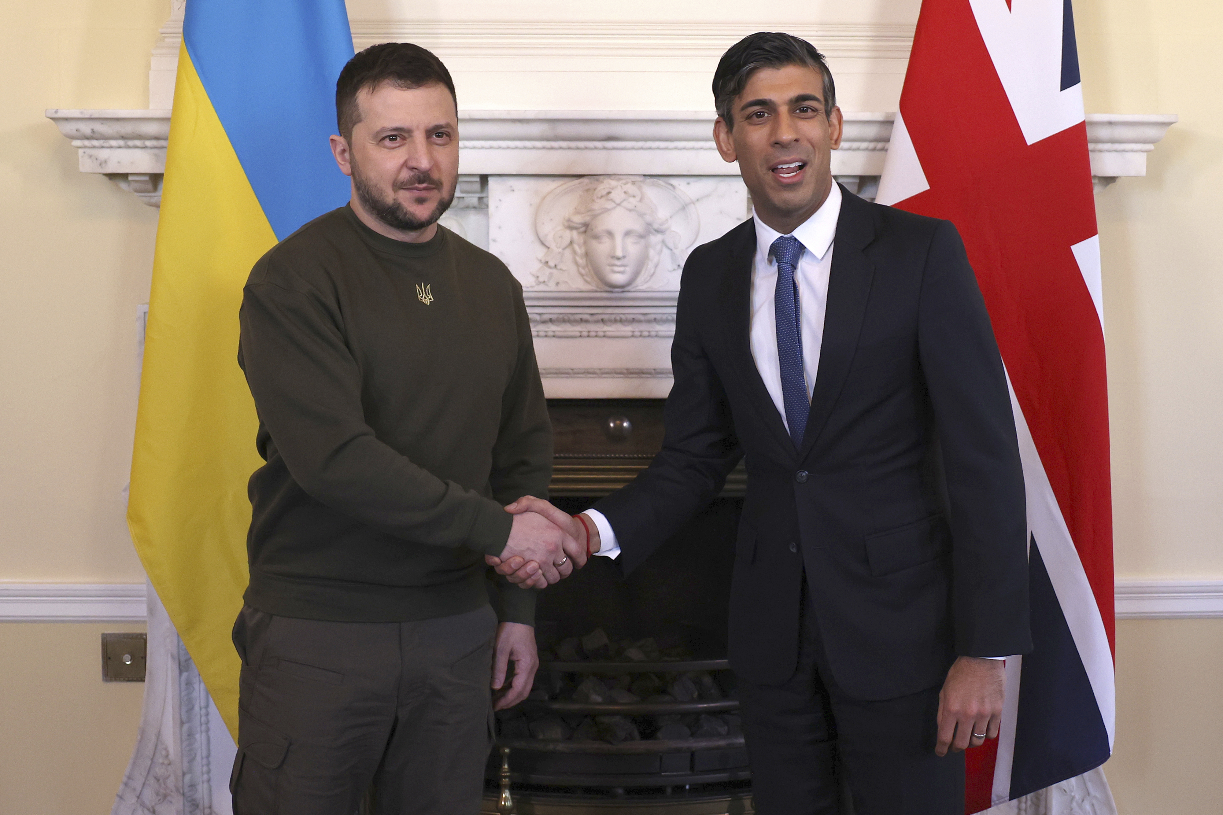 Ukraine's President Volodymyr Zelenskyy meets Britain's Prime Minister Rishi Sunak, right, inside Downing Street in London, Wednesday, Feb. 8, 2023. It is the first visit to the UK by the Ukraine President since the war began nearly a year ago. (Dan Kitwood/Pool via AP)
