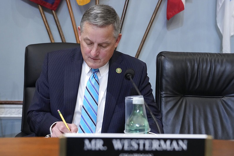 Rep. Bruce Westerman, R-Ark., chairman of the House Committee on Natural Resources, leads a hearing on Capitol Hill in Washington on Wednesday, Feb. 8, 2023. The hearing, which was on America's energy and mineral potential, was Westerman's first as chairman under the new Republican-majority House. (AP/Mariam Zuhaib)
