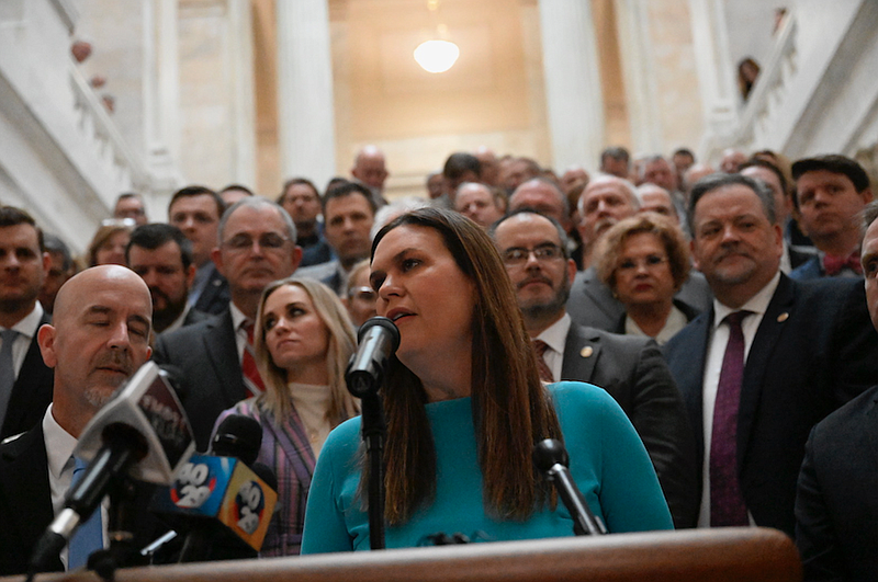 Governor Sarah Huckabee Sanders announced details of her education plan on the marble steps leading to the Arkansas House of Representatives on Wednesday, February 8, 2023. (Arkansas Democrat-Gazette/Stephen Swofford)