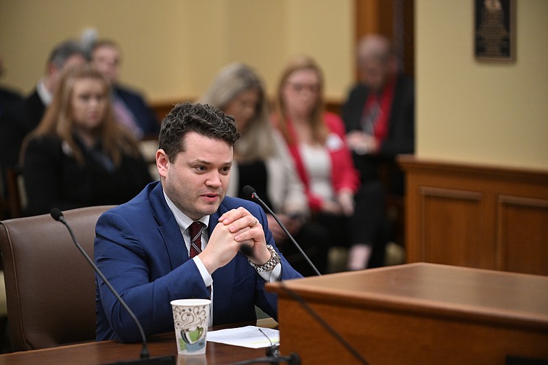 Rep. Aaron Pilkington presents his bill Thursday in the House Committee on Public Health, Welfare and Labor. Pilkington said he knew of at least three companies in Arkansas that cover out-of-state abortions, but “out of good manners I don’t feel the need to name them.”
(Arkansas Democrat-Gazette/Staci Vandagriff)