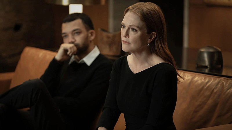 Depressive bookstore owner Tom (Justice Smith) and his wealthy father’s girlfriend Madeline (Julianne Moore) match wits with a con artist in the twisty Apple TV+ film “Sharper.”