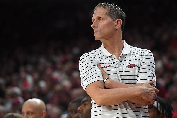 Arkansas coach Eric Musselman is shown during a game against Mississippi State on Saturday, Feb. 11, 2023, in Fayetteville. Arkansas coach Eric Musselman is shown during a game against Mississippi State on Saturday, Feb. 11, 2023, in Fayetteville.