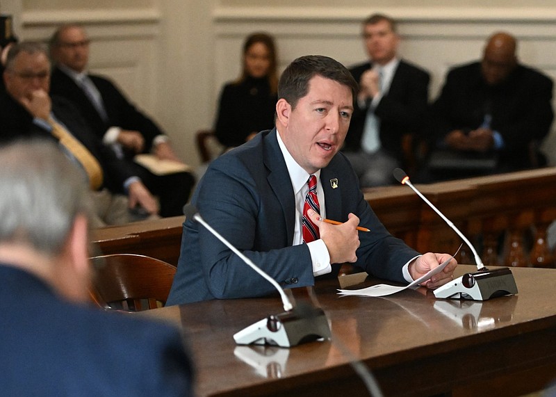 State Sen. Joshua Bryant, R-Rogers, speaks during the Senate Committee on Education meeting at the state Capitol in this Jan. 25, 2023 file photo. (Arkansas Democrat-Gazette/Staci Vandagriff)