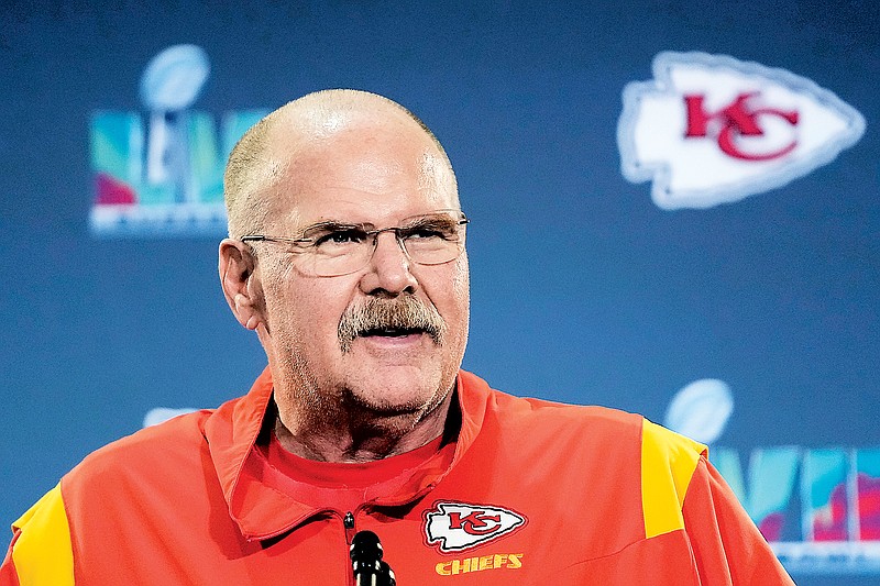 Chiefs head coach Andy Reid smiles prior to answering a question during Thursday's media availability in Scottsdale, Ariz. (Associated Press)