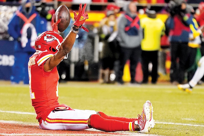 Chiefs wide receiver Marquez Valdes-Scantling celebrates his touchdown reception during last month’s AFC Championship Game against the Bengals at Arrowhead Stadium in Kansas City. (Associated Press)