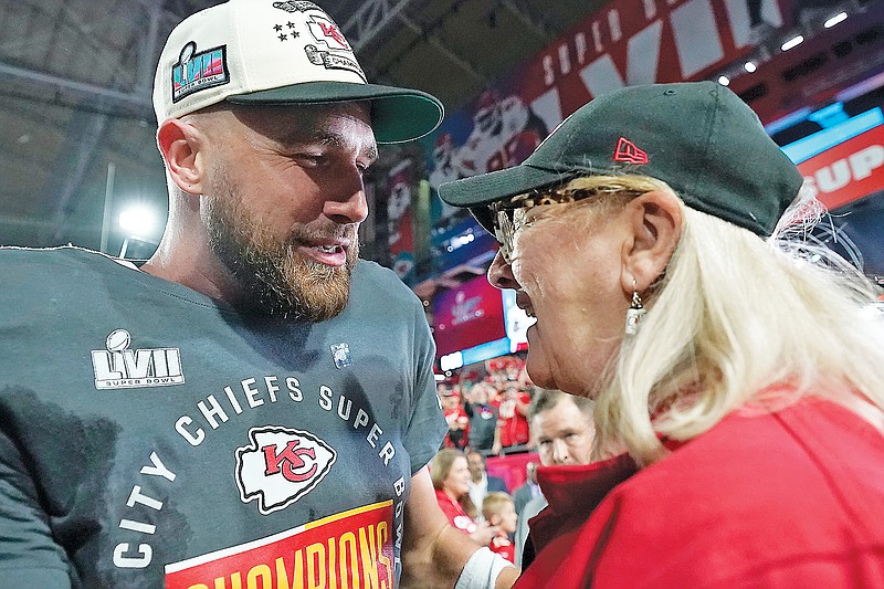 Chiefs tight end Travis Kelce speaks with his mother, Donna Kelce, after Sunday night's Super Bowl LVII win against the Eagles in Glendale, Ariz. (Associated Press)