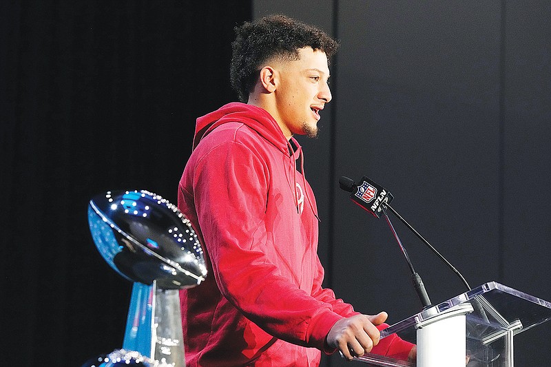 Chiefs quarterback Patrick Mahomes talks Monday during a press conference about the Sunday night’s Super Bowl win against the Eagles in Phoenix. (Associated Press)