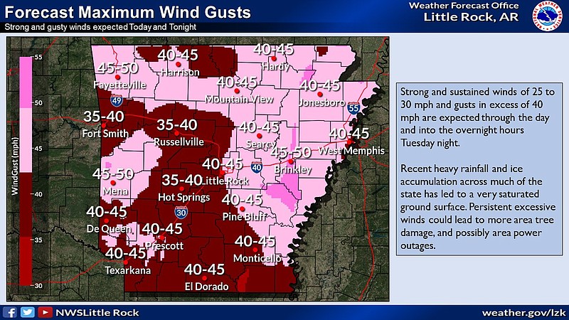 This graphic from the National Weather Service shows the forecasted maximum wind gusts expected on Tuesday. (National Weather Service/Twitter)