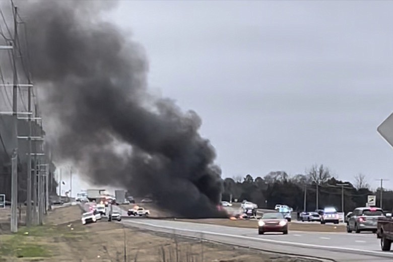 This image made from video provided by Angelica Hart shows the scene of a Black Hawk helicopter crash Wednesday, Feb. 15, 2023, in the unincorporated community of Harvest, Ala. U.S. military officials say two people on board the helicopter, which was from the Tennessee National Guard, were killed. (Susan Shepard via AP)