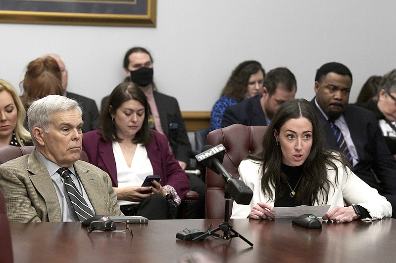 Student activist Alison Guthrie speaks against House Bill 1156 Wednesday during a meeting of the Arkansas Senate Education Committee. “This bill directly discriminates against trans, intersex and non-binary students and violates in the most intimate way, the privacy of all children,” she told the panel.
(Arkansas Democrat-Gazette/Stephen Swofford)