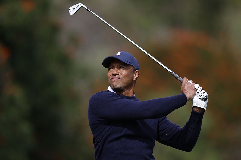Tiger Woods hits from the fourth tee during the first round of the Genesis Invitational golf tournament at Riviera Country Club, Thursday, Feb. 16, 2023, in the Pacific Palisades area of Los Angeles.
 (AP Photo/Ryan Kang)