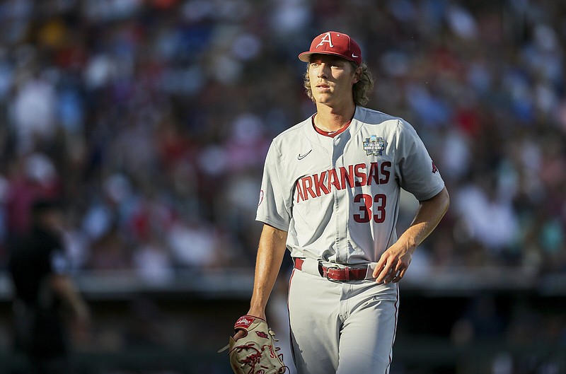 Left-hander Hagen Smith takes the mound for the University of Arkansas in its season opener today against Texas at the College Baseball Showdown in Arlington, Texas. Smith was 7-2 last season with a 4.66 ERA and 2 saves.
(NWA Democrat-Gazette/Charlie Kaijo)