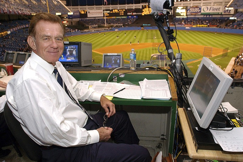 AP photo by Kathy Willens / Baseball broadcaster Tim McCarver poses in the press box before the start of Game 2 of the ALDS between the Minnesota Twins and the host New York Yankees on Oct. 2, 2003. McCarver, a two-time All-Star catcher who won two World Series with the St. Louis Cardinals before going on to a long career in the booth, died Thursday morning in his native Memphis. He was 81.