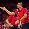 Arkansas assistant coach Gus Argenal reacts, Saturday, Feb. 18, 2023, during the first half of the RazorbacksÕ 84-65 win over the Florida Gators at Bud Walton Arena in Fayetteville. Visit nwaonline.com/photo for today's photo gallery..(NWA Democrat-Gazette/Hank Layton)