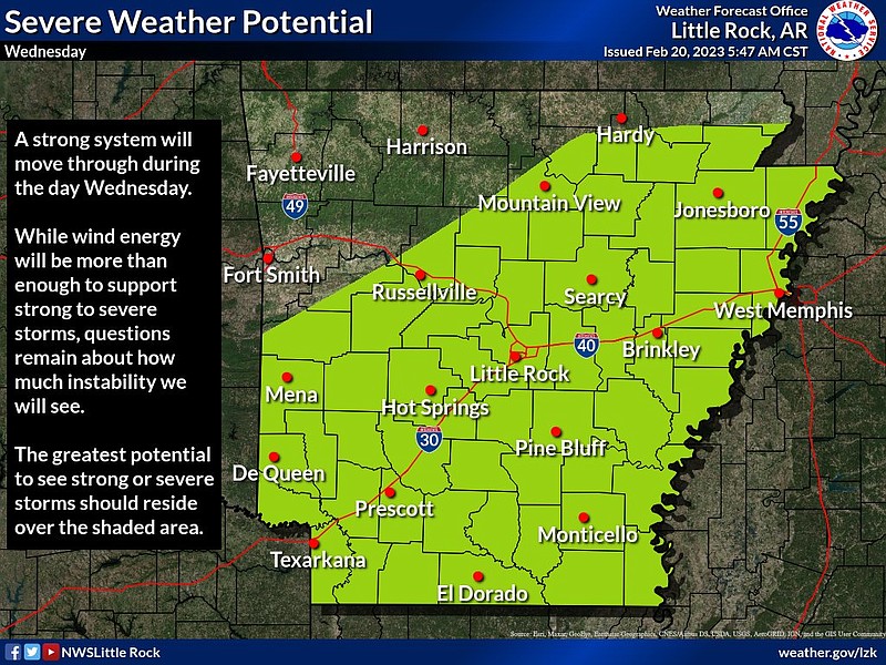 This graphic from the National Weather Service highlights which areas in Arkansas have the potential to experience severe weather on Wednesday. (National Weather Service/Twitter)