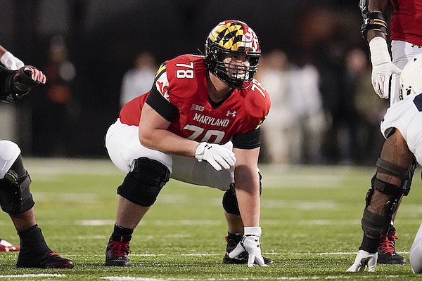 Maryland offensive lineman Mason Lunsford (78) lines up against Penn State during the second half of an NCAA college football game, Saturday, Nov. 6, 2021, in College Park, Md. Penn State won 31-14. (AP Photo/Julio Cortez)