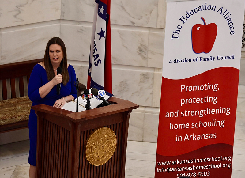 Gov. Sarah Huckabee Sanders speaking during a Home School Day event at the state Capitol in Little Rock on Tuesday. (Arkansas Democrat-Gazette/Tommy Metthe)